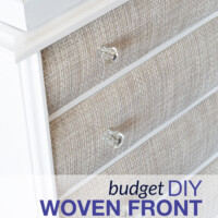 Woven front furniture makeover after. Text overlay says DIY Woven Front Dresser