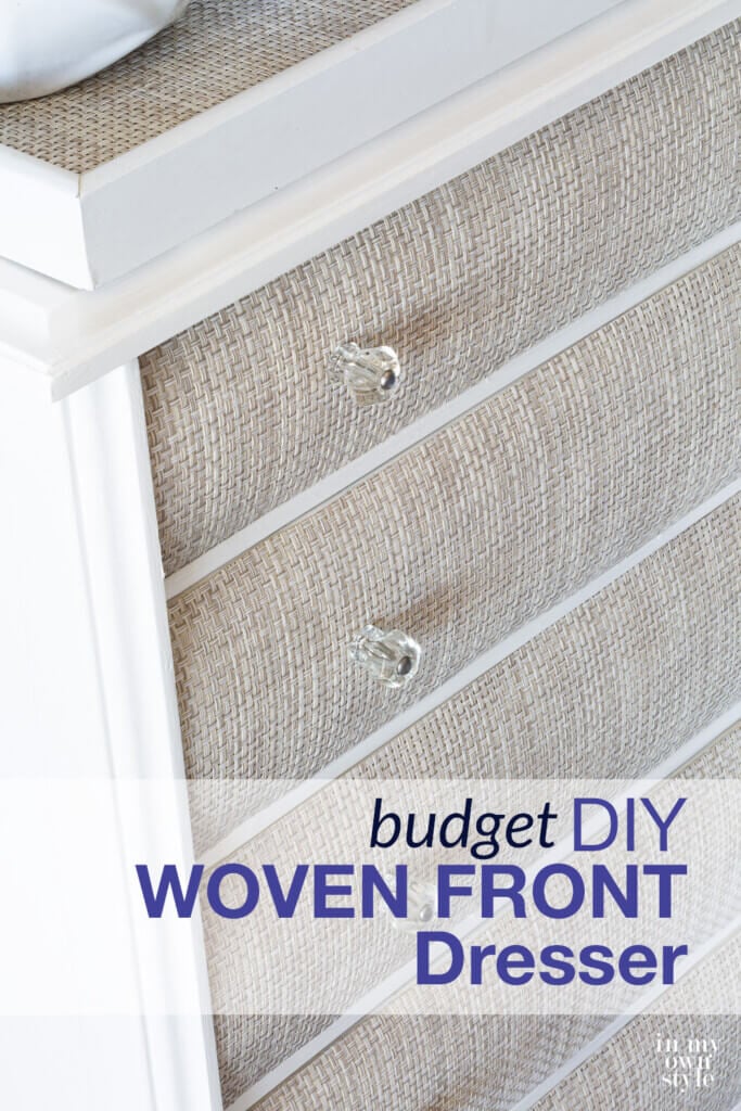 Woven front furniture makeover after. Text overlay says DIY Woven Front Dresser
