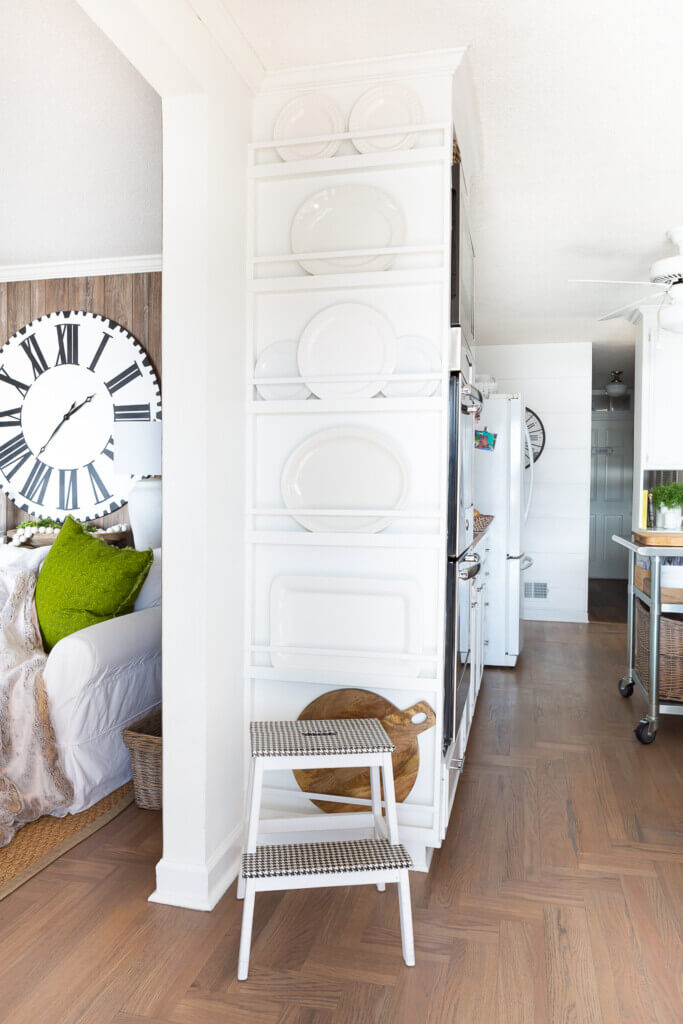 Floor to ceiling built in DIY plate rack wall