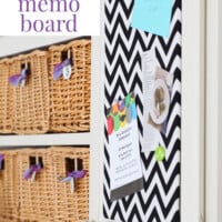Black and white fabric covered kitchen message board that is attached to a the outside of a kitchen cabinet door. Text overlay says Kitchen Cabinet Memo Board