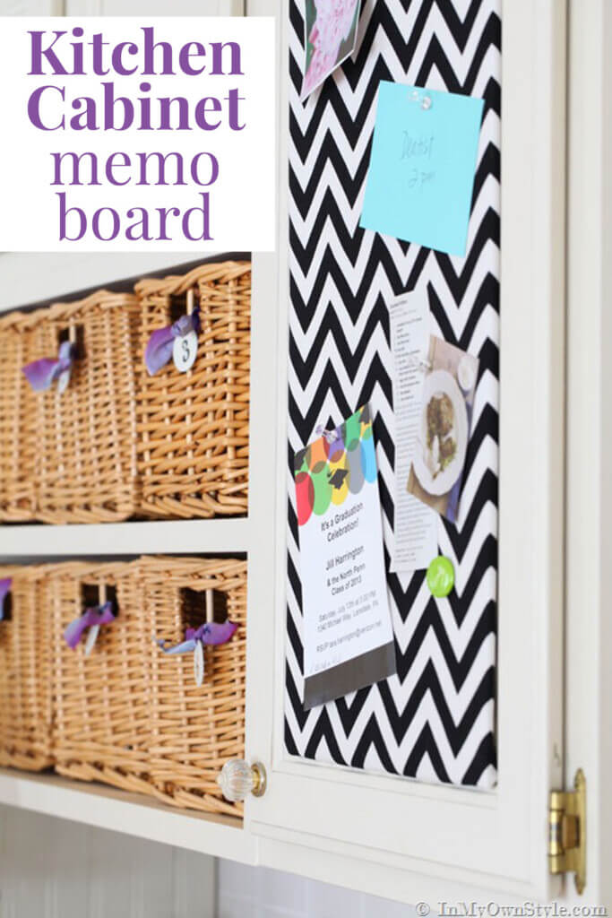 Pretty fabric covered kitchen message board that is attached to a the outside of a kitchen cabinet door.  Text overlay says Kitchen Cabinet Memo Board.