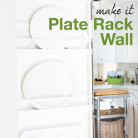 Plate Rack Wall In White Kitchen. Text overlay says Make It Plate Rack Wall