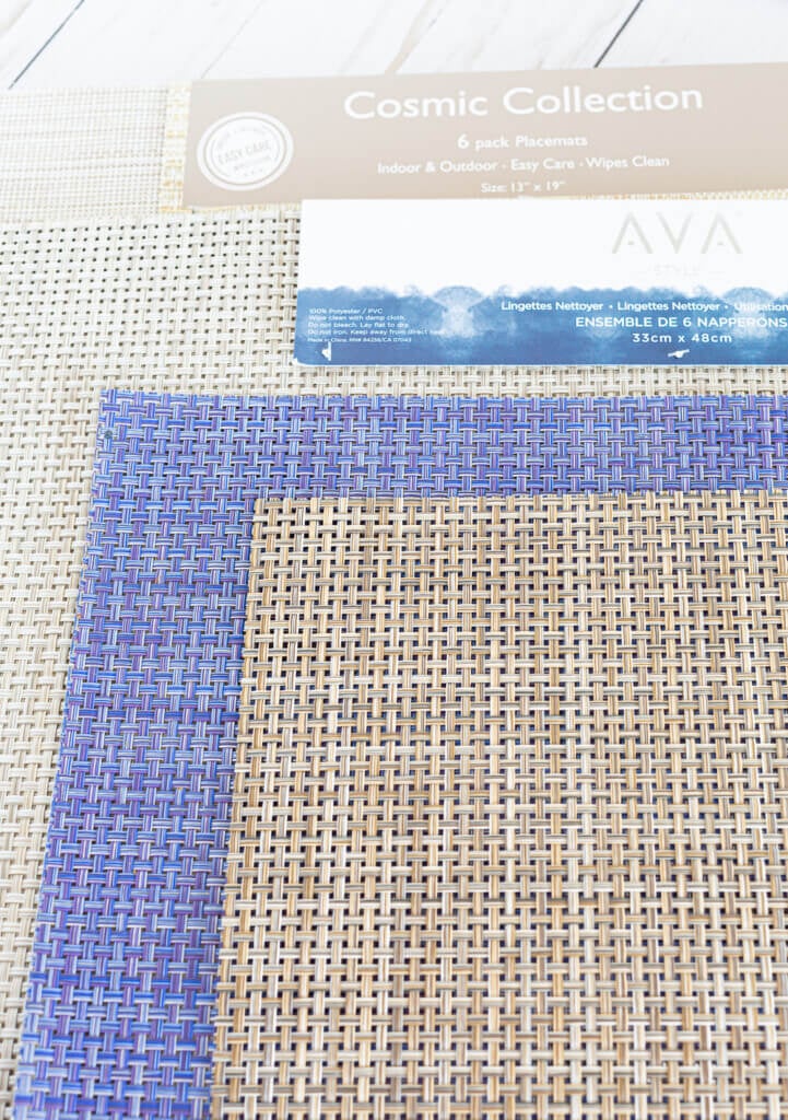 Close up of a blue and tan woven place mats