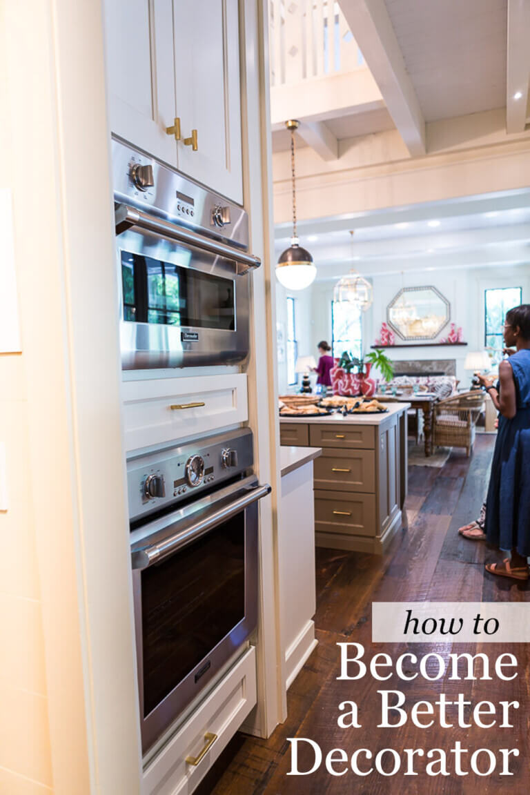 Kitchen in Bald Head Island Showhouse. Text overlay says how to become a better decorator.
