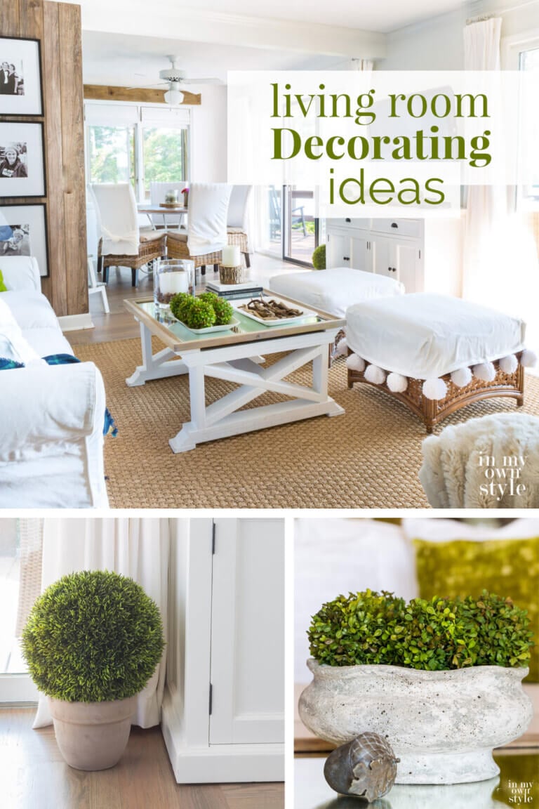 3 images of living room decorated with white and green, Text says Living room decorating ideas