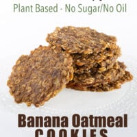 Close up of a stack of banana oatmeal thin and crispy plant based no sugar no oil cookies.