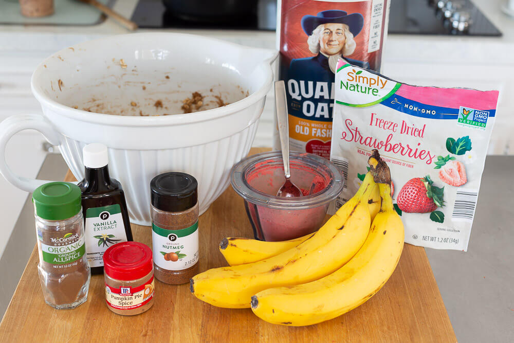 Ingredients for making crispy plant based banana oatmeal cookies