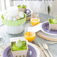 Modern Farmhouse Easter table setting. Creative and colorful ideas that are easy to do. Text overlay says Easter Brunch table setting idea.