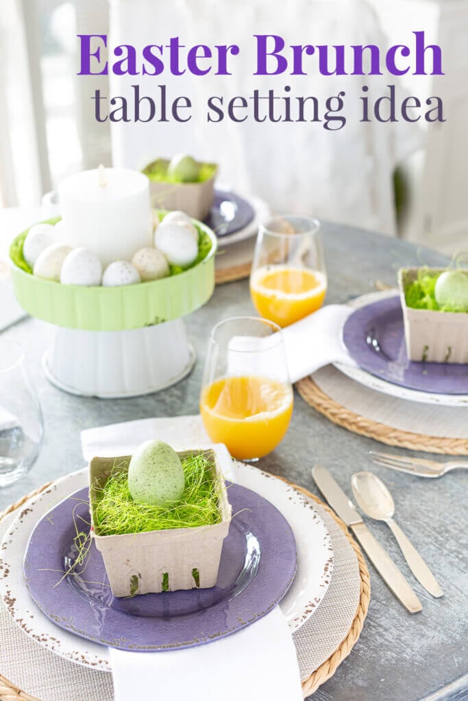 Modern Farmhouse Easter table setting. Creative and colorful ideas that are easy to do. Text overlay says Easter Brunch table setting idea.