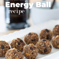 Rows of oatmeal chocolate chip energy balls on a plate. Text overlay says healthy energy ball recipe.