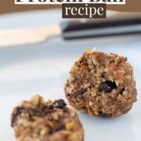 No bake chocolate chip Protein ball recipe image of one cut in half.