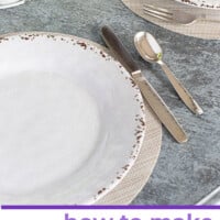 White plate, knife and fork on a round placemat. Text overlay says how to make no sew round placemats.