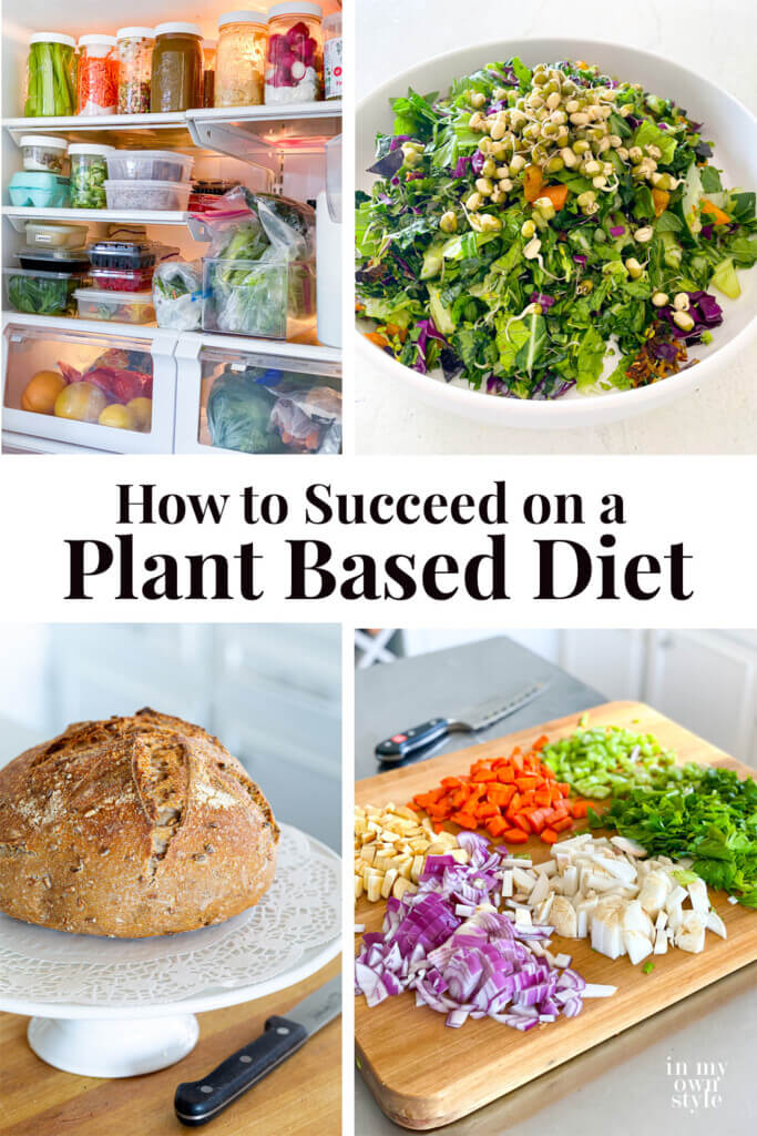 4 images of plant based healthy food. Text overlay says How to succeed on a plant based diet.