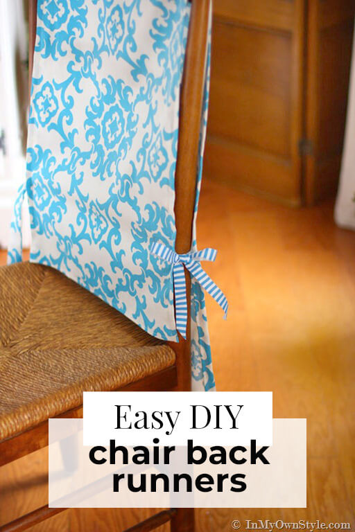 No sew dining room chair back covers using white and turquoise fabric