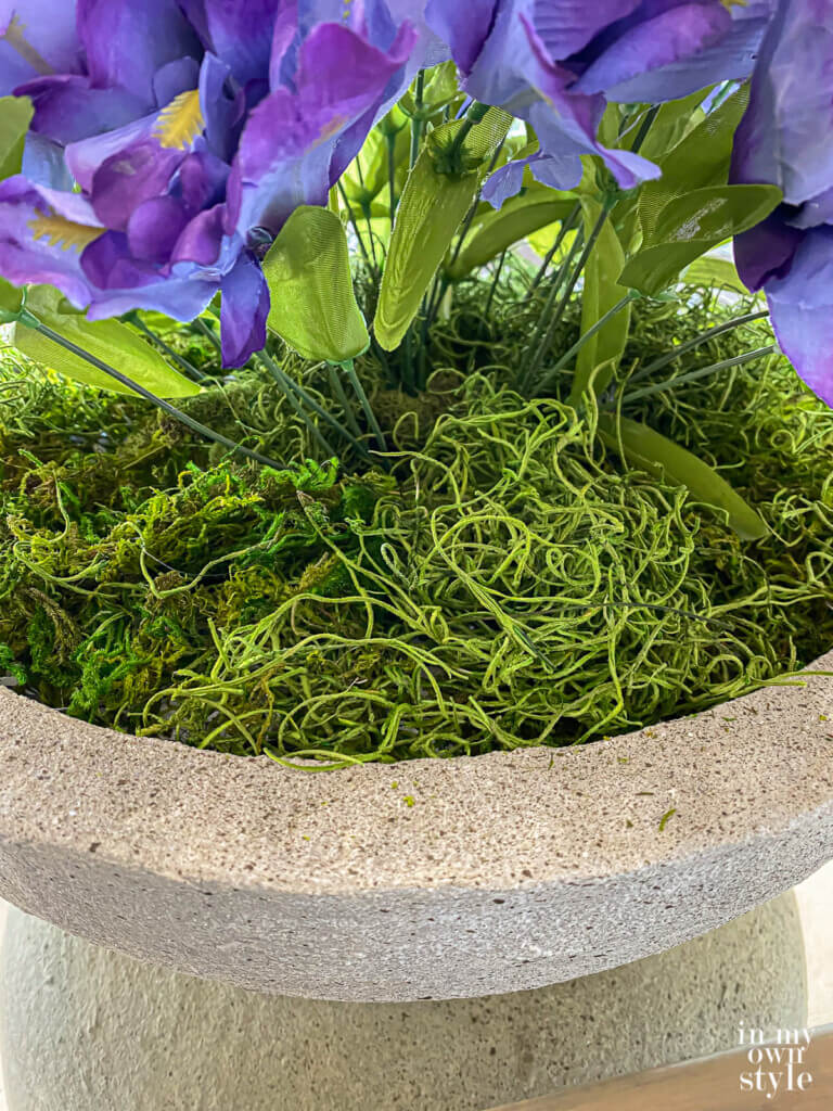 large low bowl planter filled with moss.