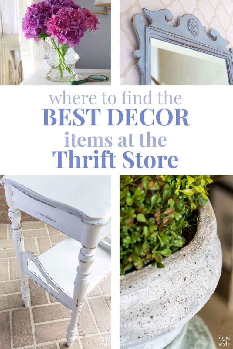 4 images of home decor items. Text overlay says Where to find the best decor items at the thrift store.