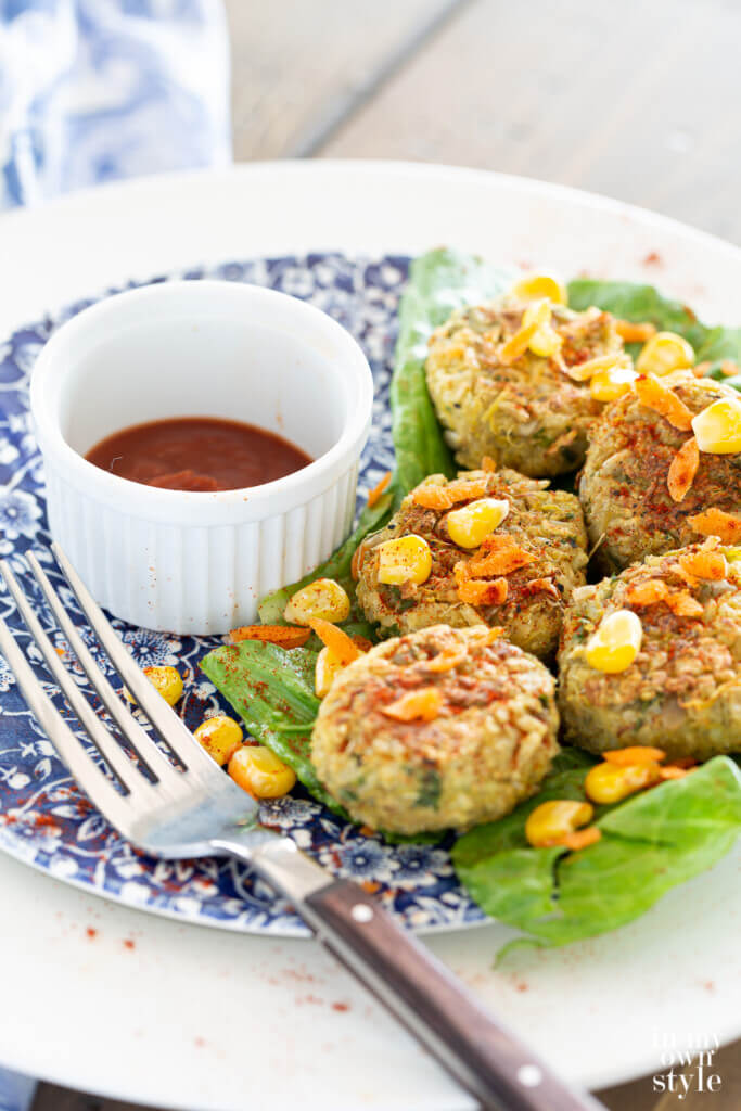 Plant Based no oil vegan crabless mini crab cakes on a plate ready to be eaten