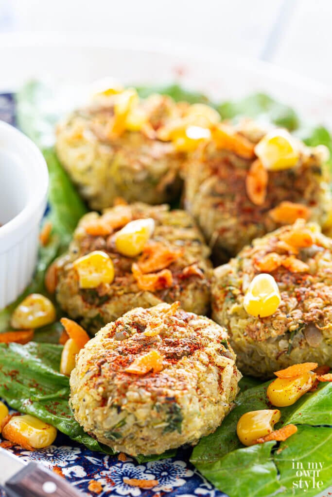 Plant Based no oil vegan crabless mini crab cakes on a plate ready to be eaten