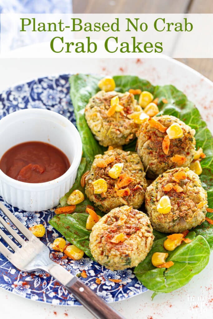 A plate on a table filled with Vegan mini crab cakes/