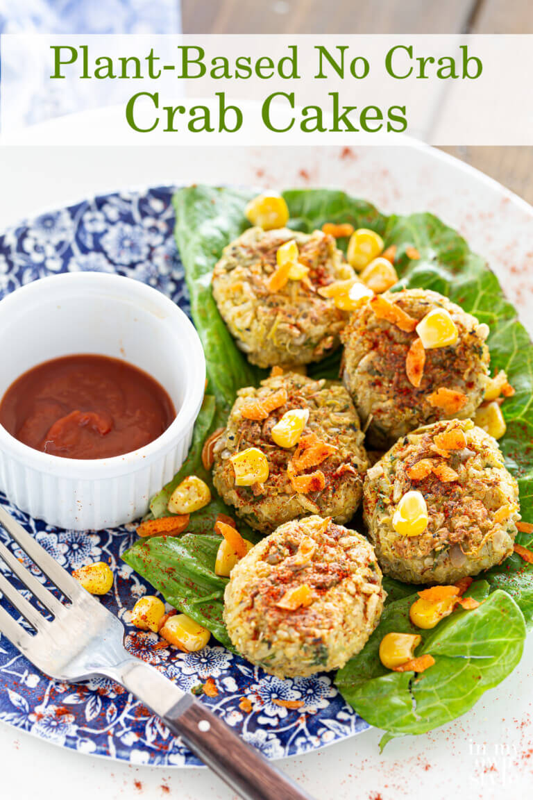 A plate on a table filled with Vegan mini crab cakes/
