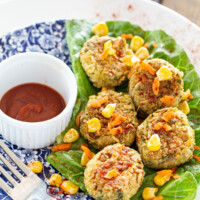 Whole Food Plant Based no oil vegan crabless mini crab cakes on a plate ready to be eaten