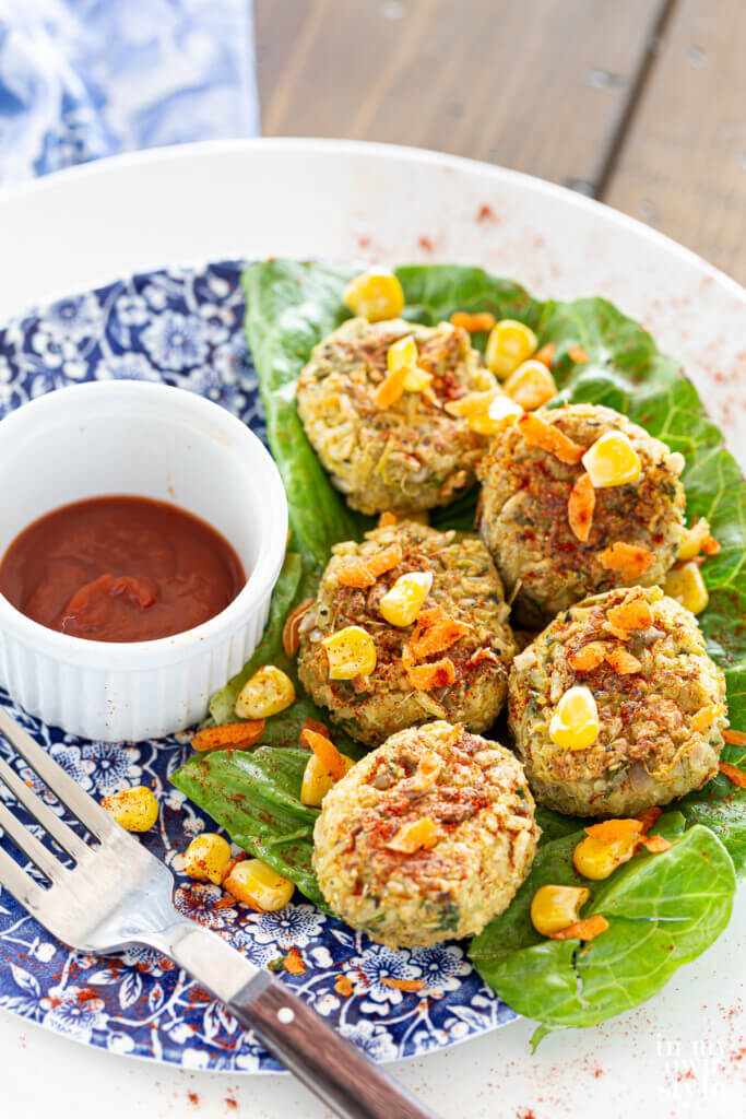 Whole Food Plant Based no oil vegan crabless mini crab cakes on a plate ready to be eaten