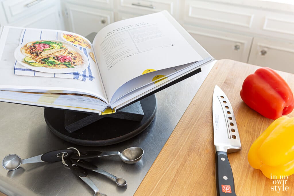 Cook book stand that turns on a round base. Easy DIY scrap wood project.