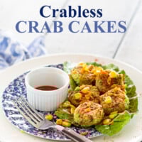 Plant Based no oil vegan crabless mini crab cakes on a plate ready to be eaten