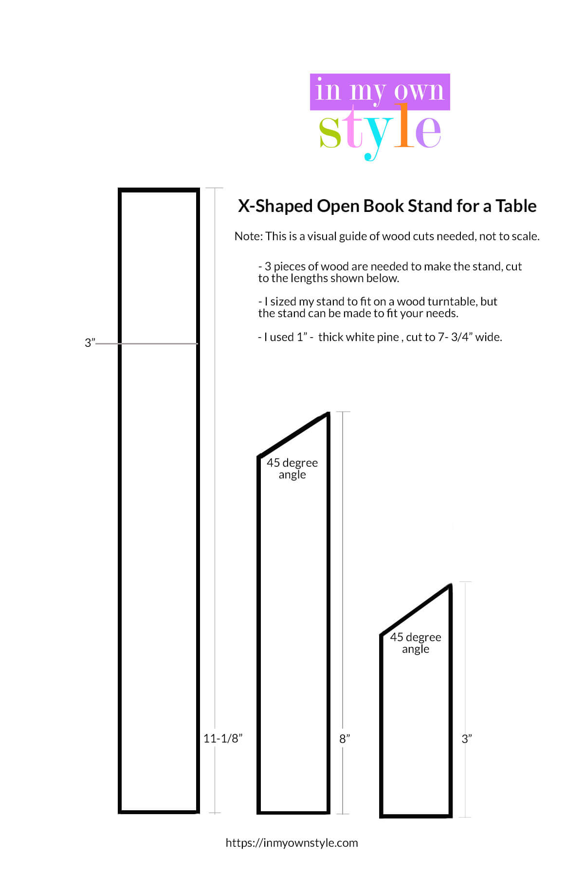 printable pdf of wood cut sizes needed to make x- shaped open book stand.