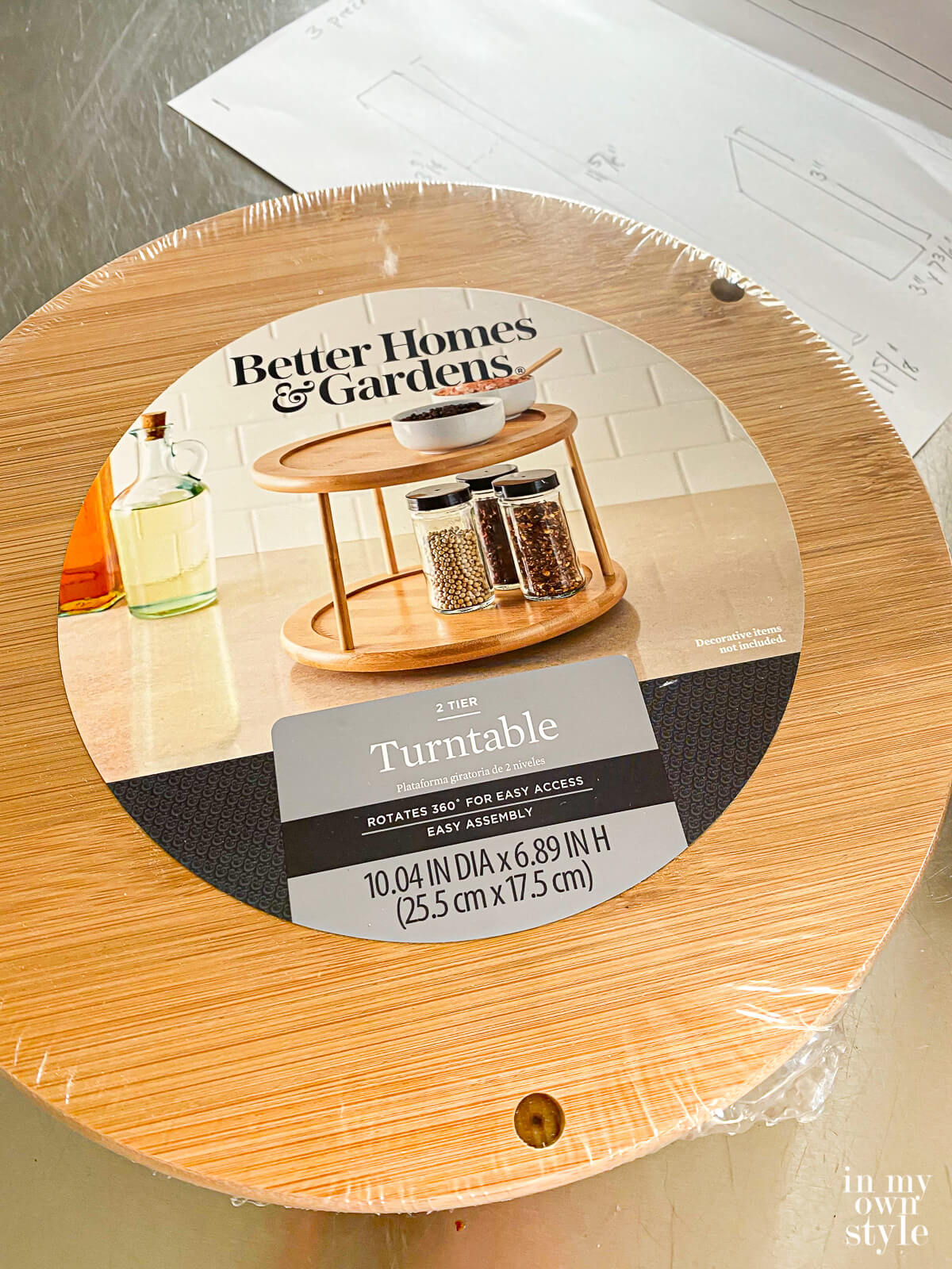 Better Homes and Gardens Wood Turntable used to make a spinning open book holder.