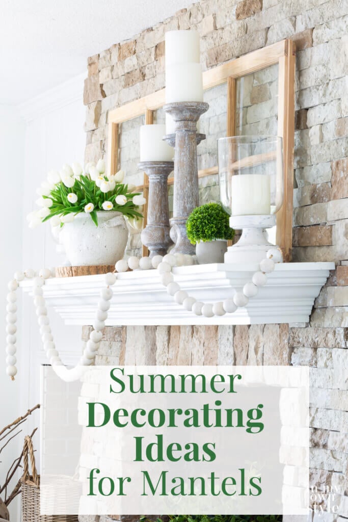 Green and white decorating color scheme on a fireplace mantel decorated for summer.