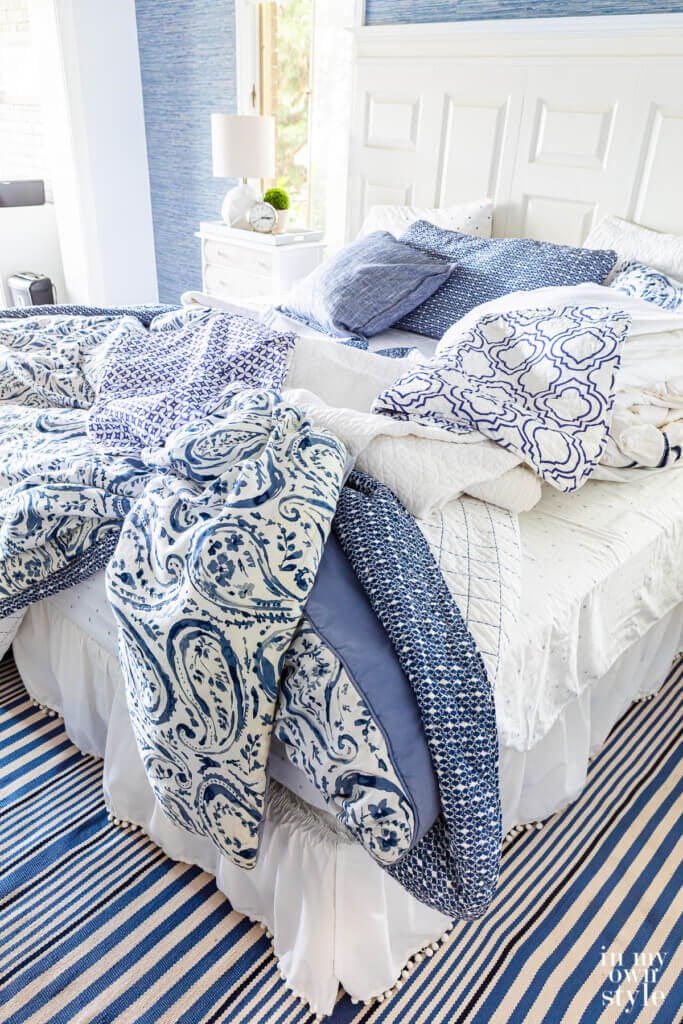 Blue and white bedding getting mixed and matched to create a new look for the season.