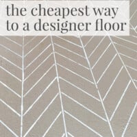 Concrete herringbone stenciled porch floor. Text over lay says the cheapest way to a designer porch floor.