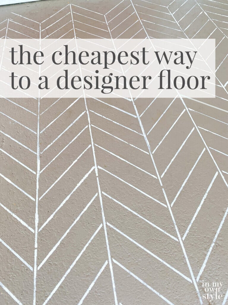 Concrete herringbone stenciled porch floor. Text over lay says the cheapest way to a designer porch floor.
