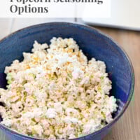 Bowl of No Oil Air popped popcorn with plant based seasoning on it. Text overlay says WFPB No Oil Popcorn Seasoning Options