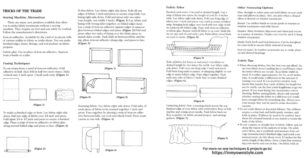 Free printable instruction sheets for no sew decorating with fabric. How to use iron on fuse to make home decorating projects.