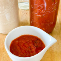 Close up shot of a small bowl filled with No Oil Tomato Sauce.