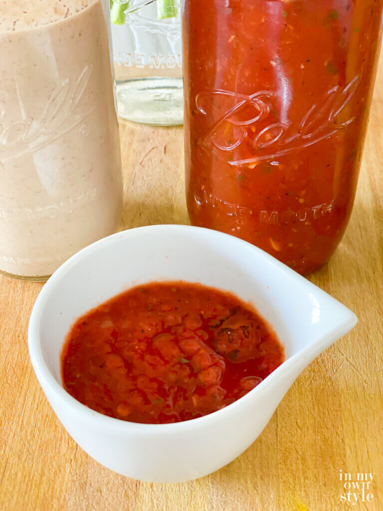 Close up shot of a small bowl filled with No Oil Tomato Sauce.