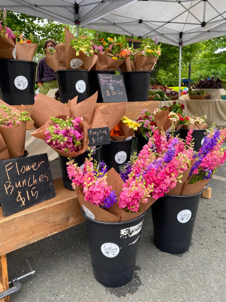 Flowers on display at the Charlottesville VA Farmers Market.