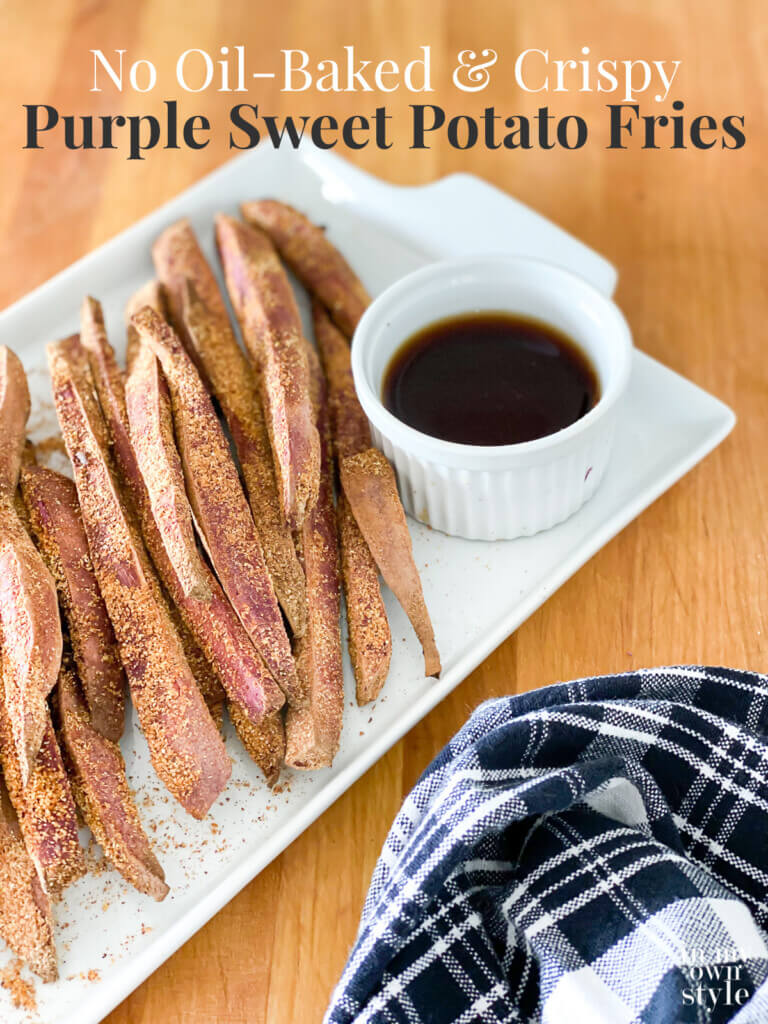 Whole Food Plant Based no oil recipe for crispy sweet potato fries.