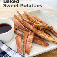 Whole Food Plant Based no oil recipe for crispy sweet potato fries.