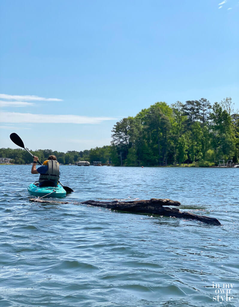 kayaking and towing a driftwood log behind.