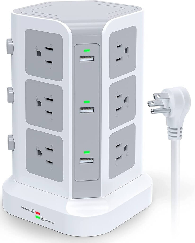 Power Strip tower for plugging in a lot of electrical cords in a dorm room.