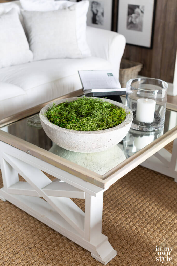 Mirrored top coffee table with concrete bowl filled with moss on top.