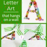 Make it button letter art that hangs on a wall. The letter "A" with green and white striped ribbon bow hanger.