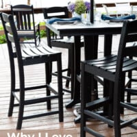 POLYWOOD Bar Set in Black on deck. Text overlay says Why I Love POLYWOOD Furniture.