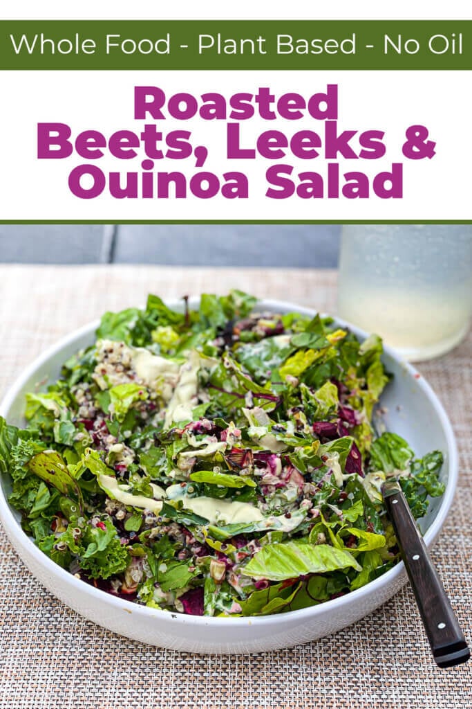 Roasted Beets, Leeks and Quinoa salad in low sided white bowl.