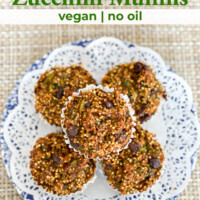 Guilt free chocolate chip zucchini muffins on a plate.