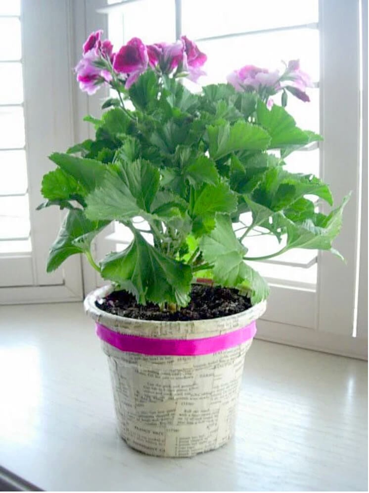decorating  a plastic planter with book pages 