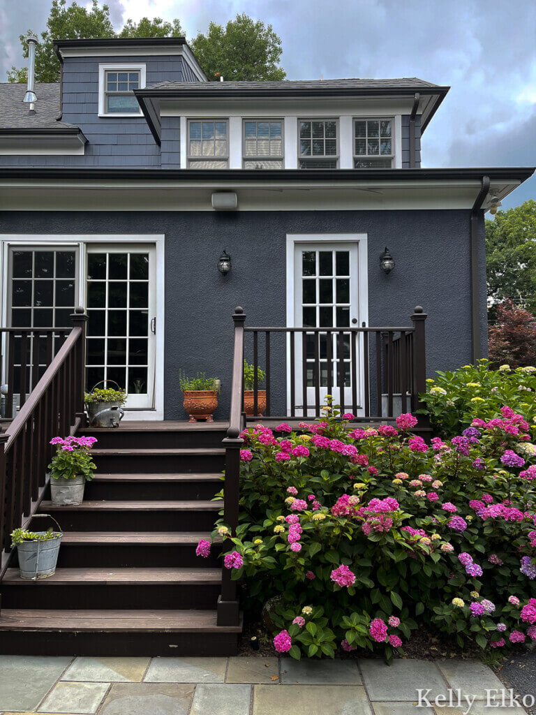 blue painted house with hydrangeas in front of it.